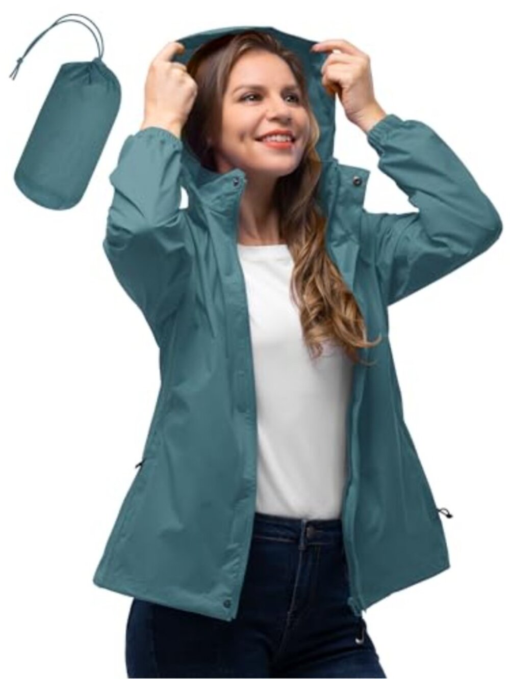 Women's Packable Rain Jacket Waterproof Lightweight Hooded Windbreaker